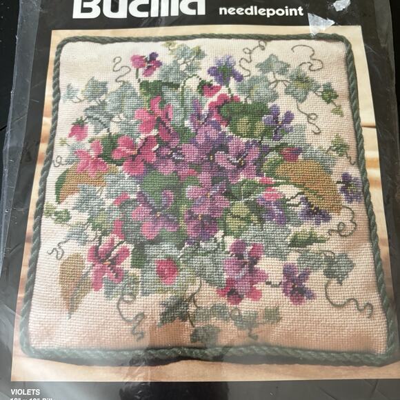 NEW Vintage 1994 Bucilla Needlepoint Violets 12 X 12 Pillow Kit 4694 - Picture 2 of 4